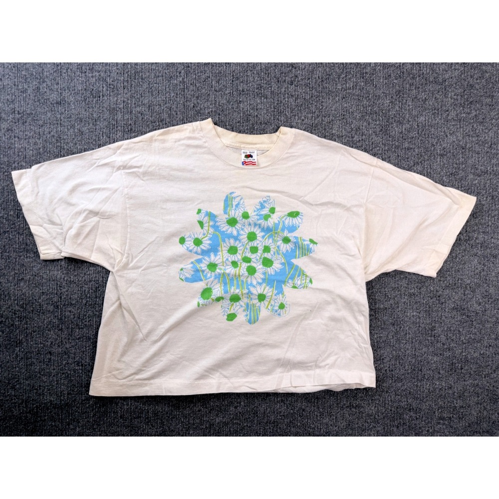 Vintage Fruit of the Loom T Shirt OSFA Cream Cotton Floral Graphic USA Made Y2K